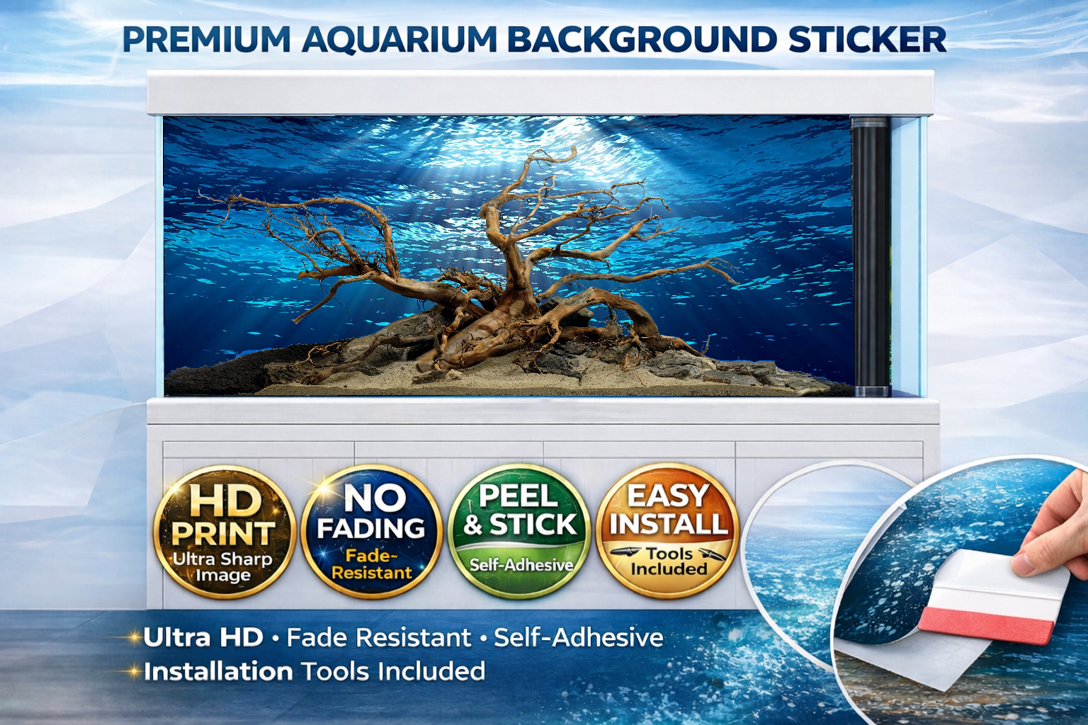 Ultra HD ocean driftwood aquarium background decal by Aquarium Backround Trung3D, featuring deep blue fish tank backdrop decor.