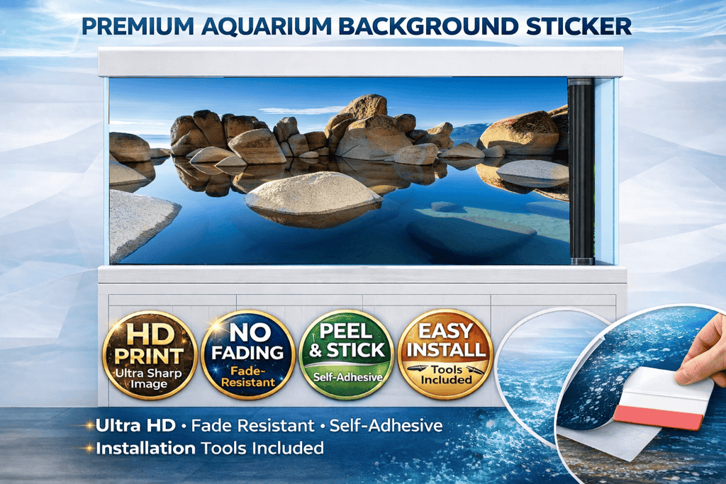Clear aquarium background decal featuring lake stones, water reflections, and fish tank decor from Aquarium Backround Trung3D.
