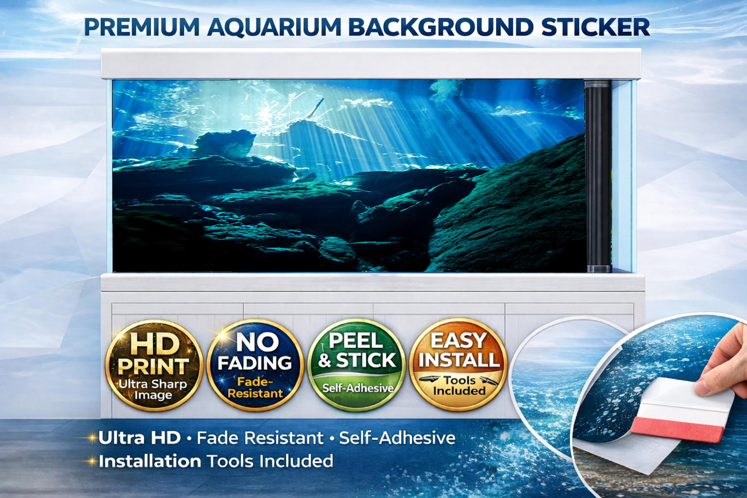 Crystal Blue Canyon aquarium background decal by Aquarium Backround Trung3D featuring vibrant 3D fish tank backdrop peel and stick decal