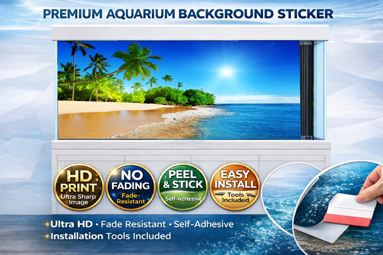 Tropical beach aquarium background decal by Aquarium Backround Trung3D featuring vibrant ocean paradise scene for fish tanks.