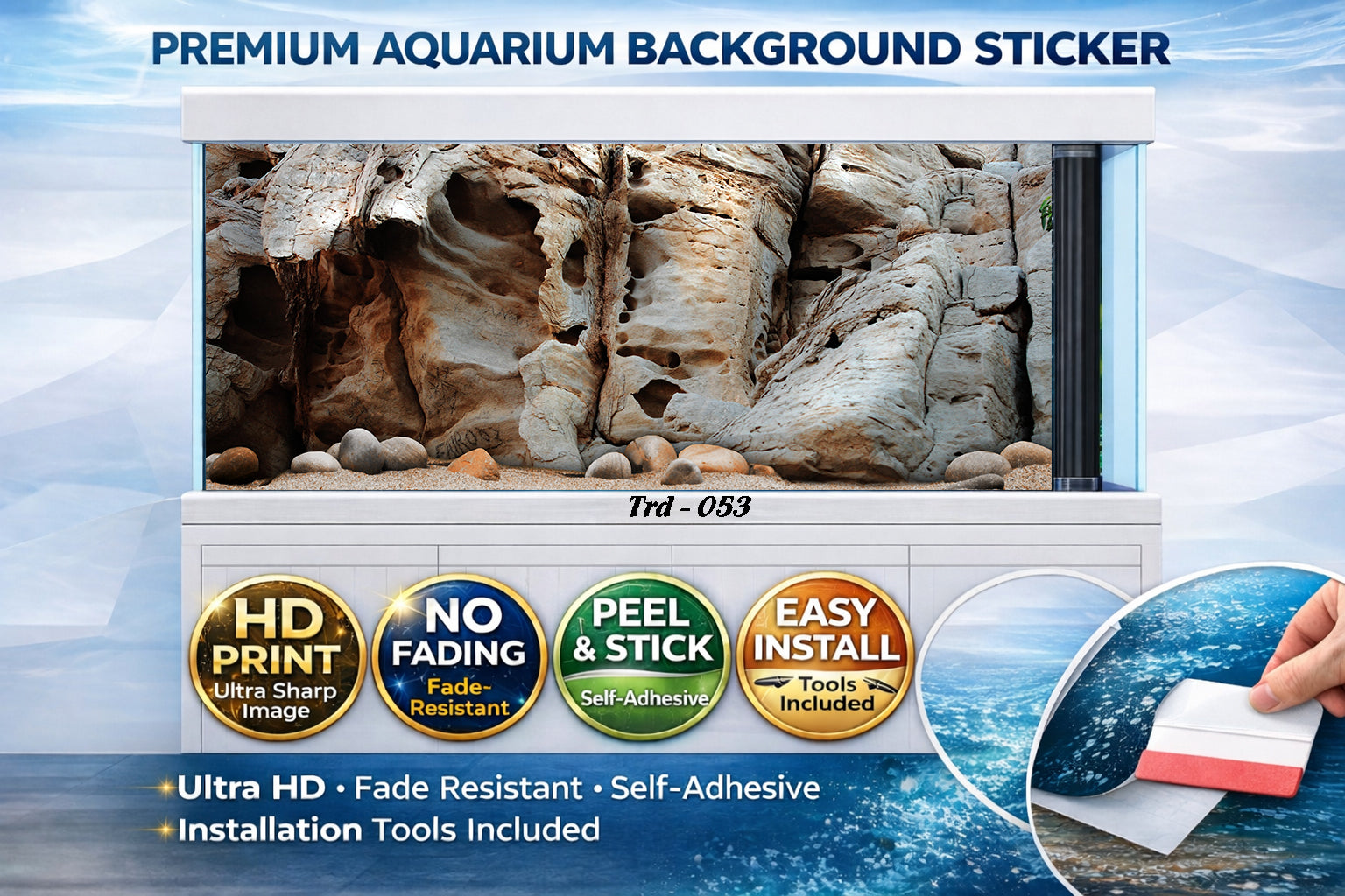 Realistic 3D natural limestone aquarium background decal with rock cave design, ideal for enhancing aquatic environments.