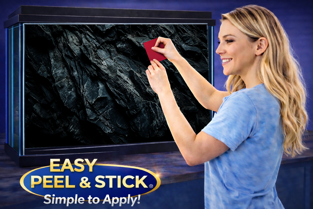 Ultra realistic 3D black rock aquarium background decal with dark stone design for aquarium decoration.