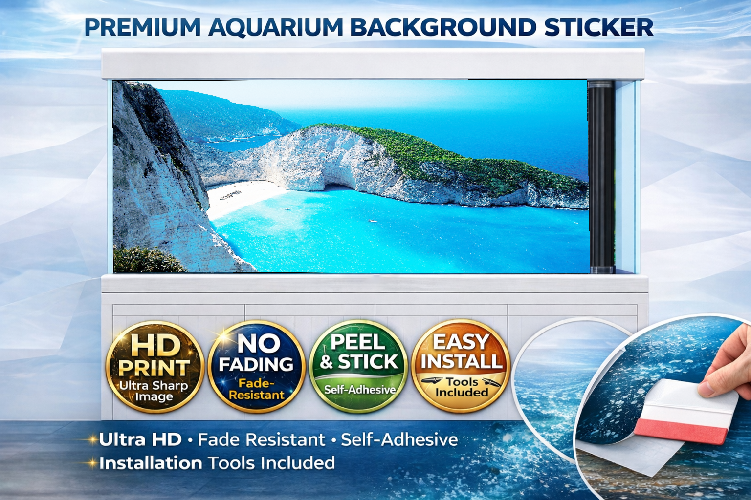 Blue Lagoon Aquarium Background Sticker decal by Aquarium Background Trung3D showing vibrant coastal ocean scene for fish tanks.