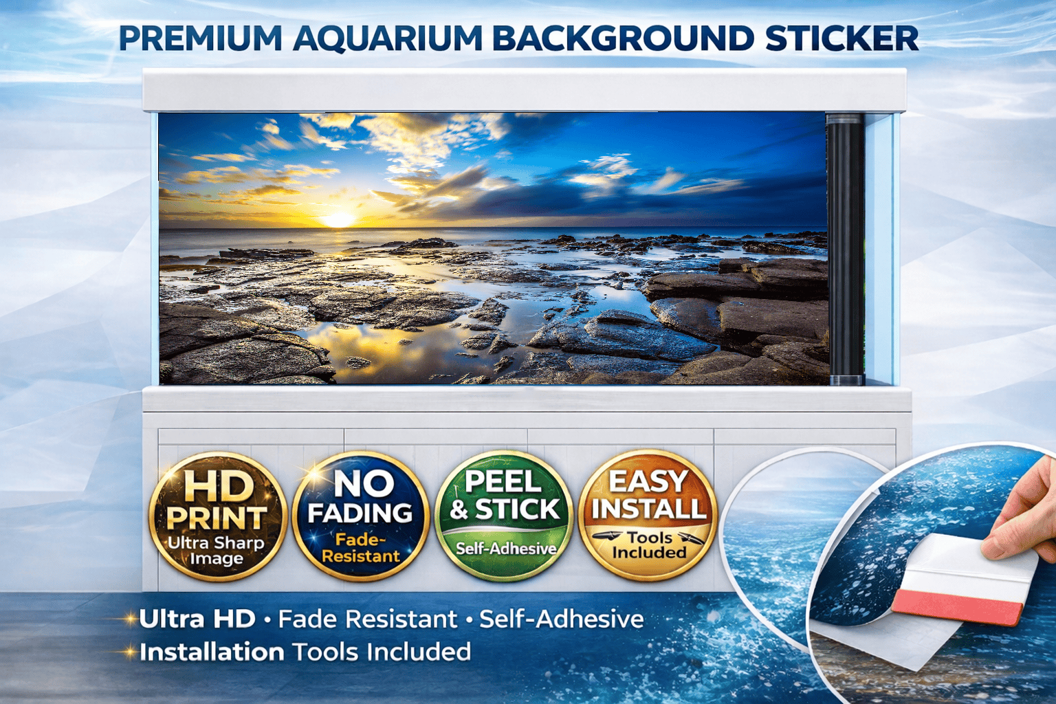 Rocky sunset coast aquarium background decal with golden ocean shore and fish tank backdrop decor by Aquarium Backround Trung3D