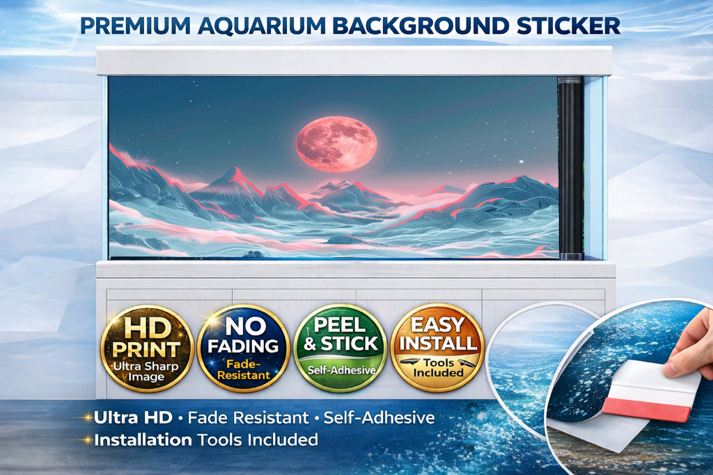 Pink moon fantasy 4K aquarium background decal by Aquarium Backround Trung3D, designed for fish tanks with vibrant celestial imagery.