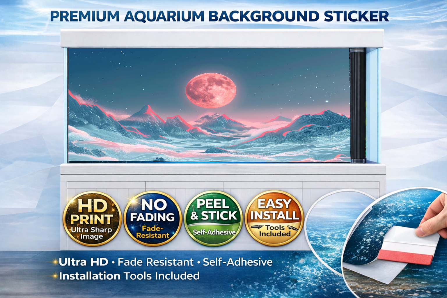 Pink moon fantasy 4K aquarium background decal by Aquarium Backround Trung3D, designed for fish tanks with vibrant celestial imagery.