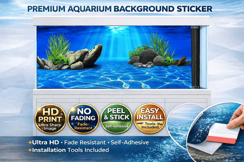 Blue Lagoon aquarium background decal featuring underwater rocks, light rays, and fish tank backdrop decor by Aquarium Background Trung3D