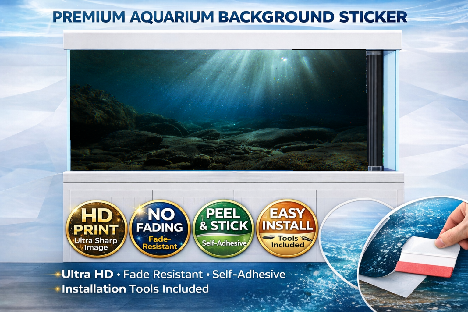 Sunbeam Riverbed aquarium background decal by Aquarium Background Trung3D, featuring a realistic 3D fish tank backdrop with riverbed scenery.