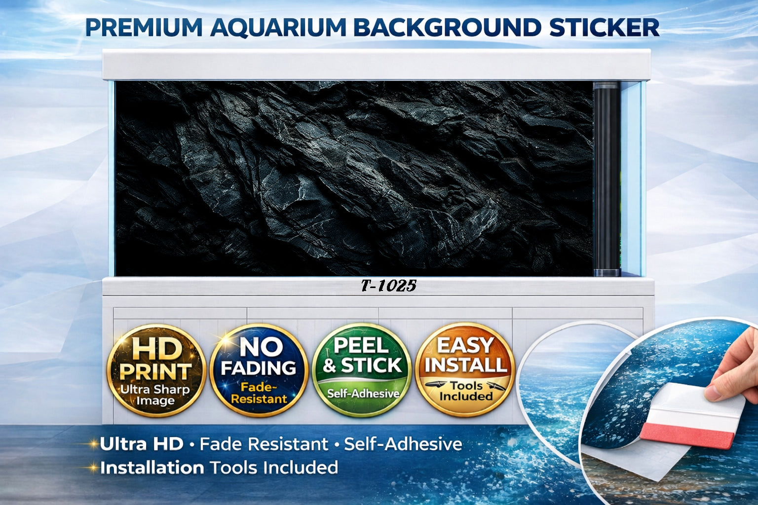 3D black rock aquarium background decal featuring ultra-realistic dark stone design, perfect for enhancing aquariums.