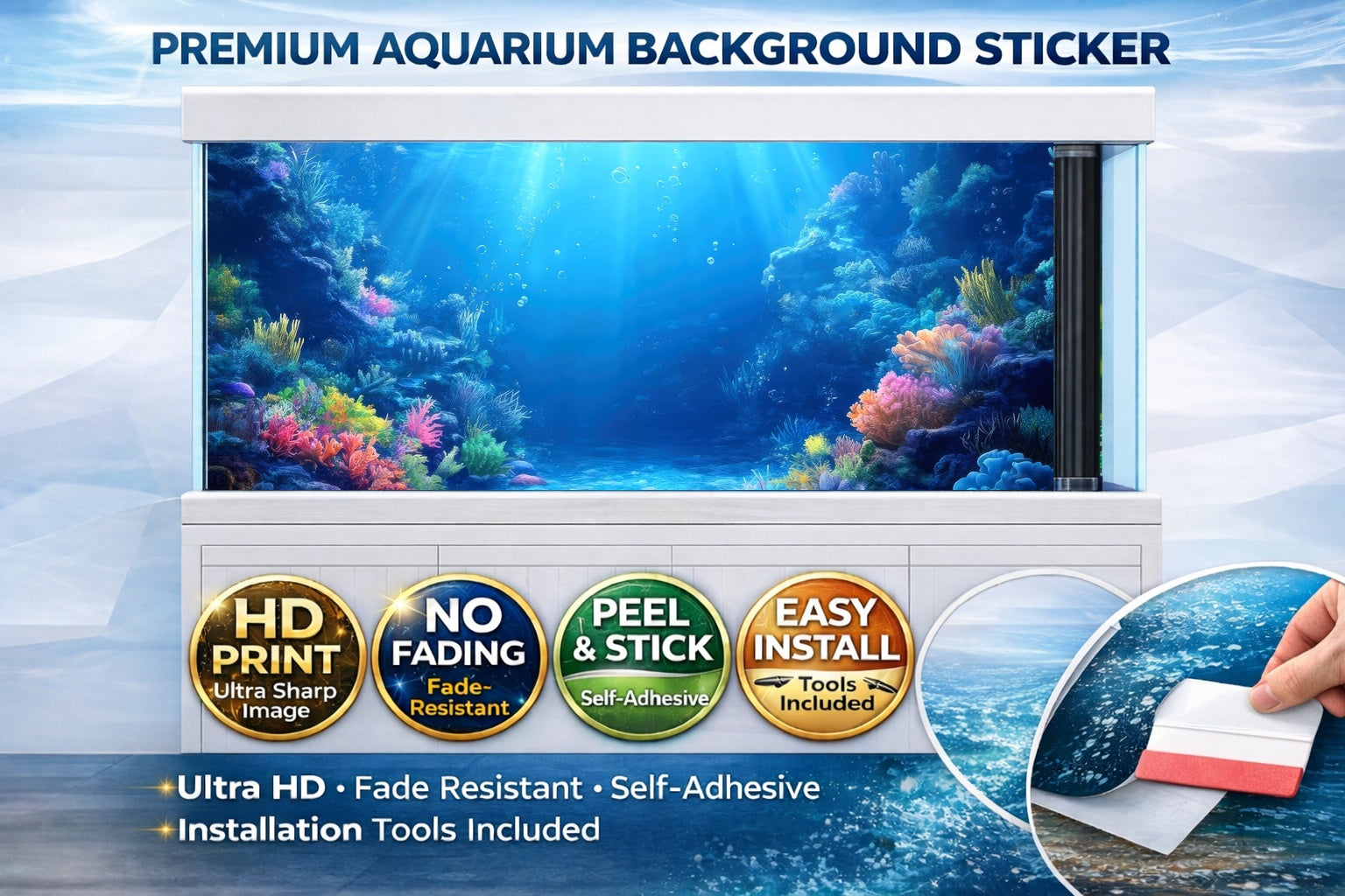 3D coral reef aquarium background sticker featuring vibrant ocean scenery for fish tanks, self-adhesive and easy to apply.