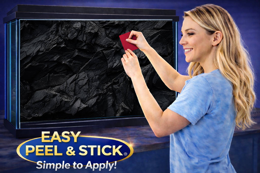 Ultra realistic 3D black rock aquarium background decal by Aquarium Background Trung3D, featuring dark stone textures.