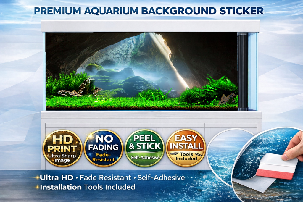 Mystic Green Cave aquarium background decal by Aquarium Backround Trung3D, featuring a 3D fish tank backdrop with lush green caves.