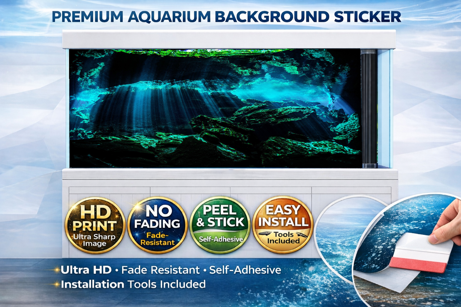 Mystic Blue Reef Cave aquarium background decal by Aquarium Backround Trung3D, featuring a 3D fish tank backdrop peel and stick design.