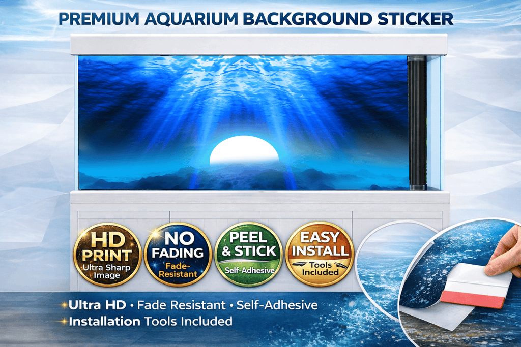 Underwater blue aquarium background decal with ocean sunrise and fish, designed for fish tank backdrop decoration by Aquarium Background Trung3D