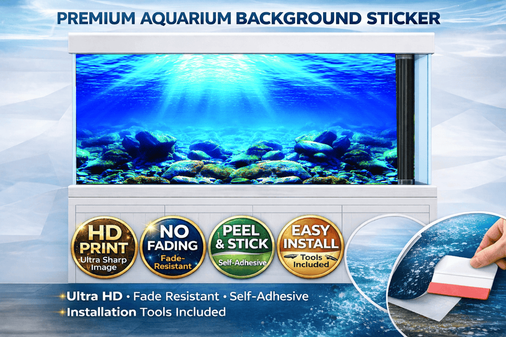 Deep blue underwater aquarium background decal with sunlight, ocean floor, and fish tank decor for a vibrant fish tank backdrop.
