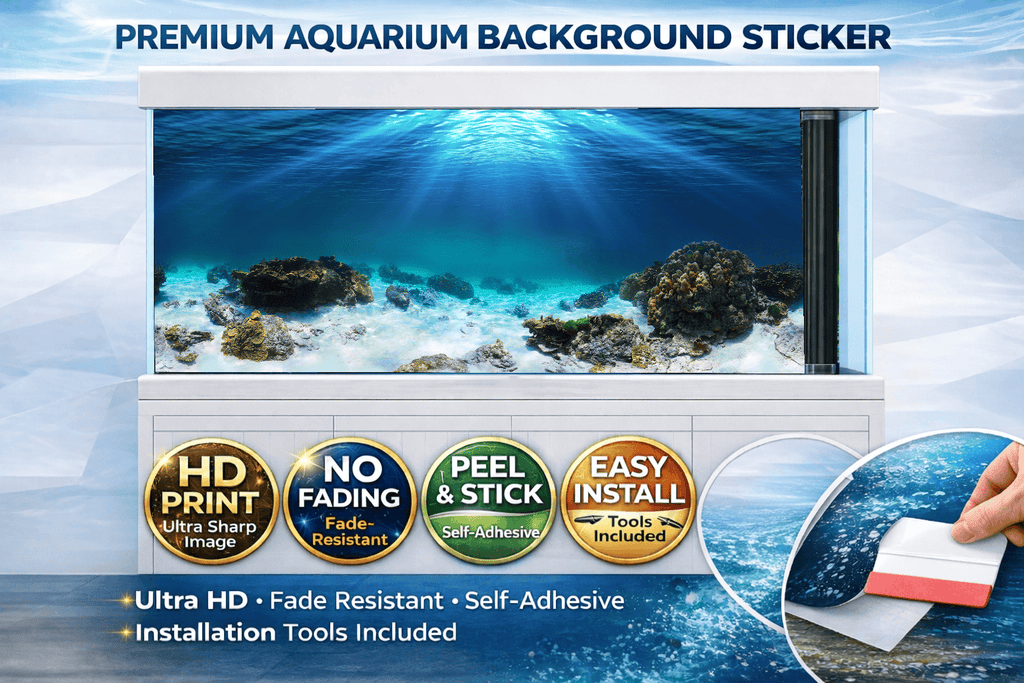 Deep sea tropical coral reef aquarium background decal by Aquarium Background Trung3D featuring vibrant coral and fish scene for fish tanks.