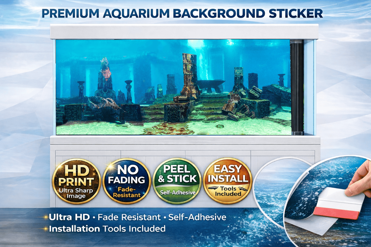 Ancient Atlantis Aquarium Background Sticker – Underwater Ruins Fish Tank Backdrop Wallpaper Decor