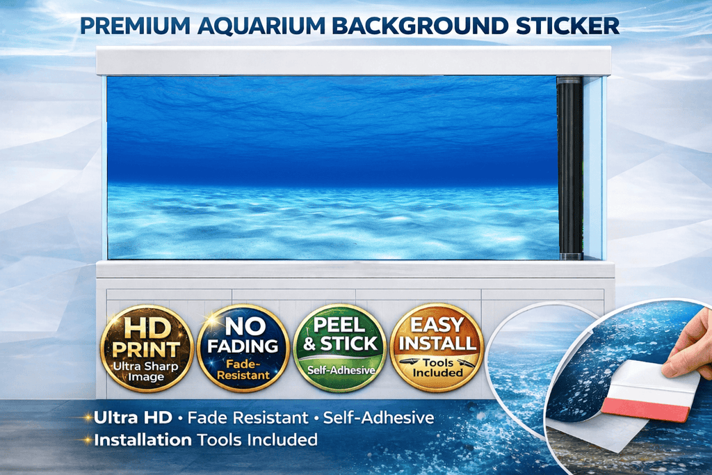 Blue ocean aquarium background decal with clear water and sand bottom for fish tanks, by Aquarium Background Trung3D.