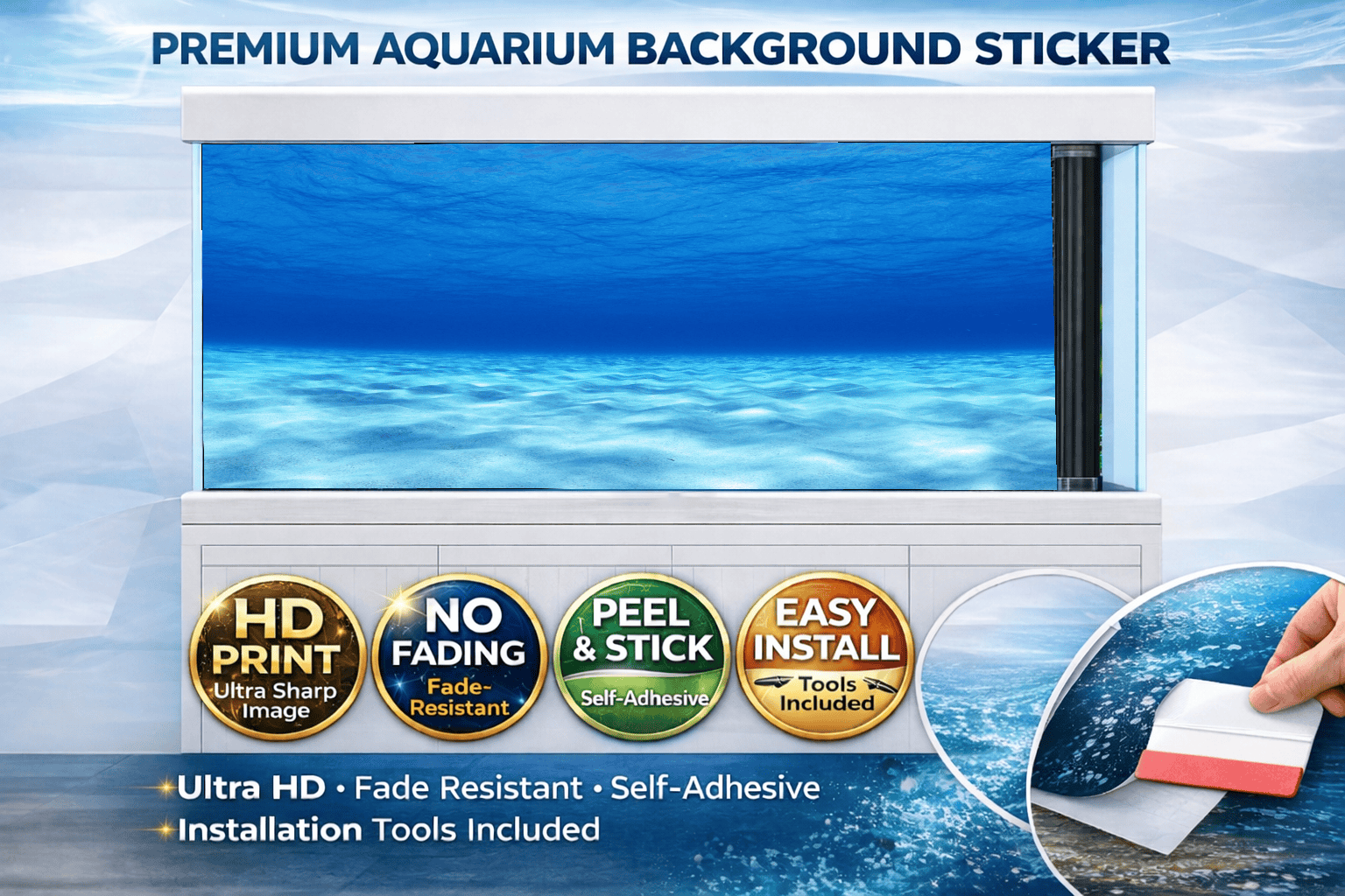 Blue ocean aquarium background decal with clear water and sand bottom for fish tanks, by Aquarium Background Trung3D.