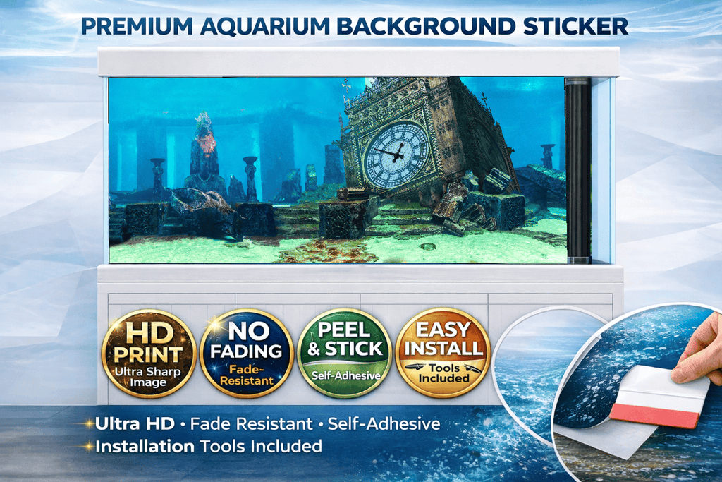 Atlantis Big Ben Aquarium background decal by Aquarium Background Trung3D featuring underwater lost city scene for fish tank decor.
