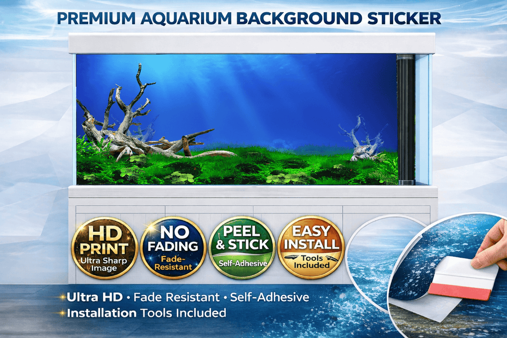 Decal of green moss aquascape background for fish tanks, featuring driftwood design by Aquarium Background Trung3D.