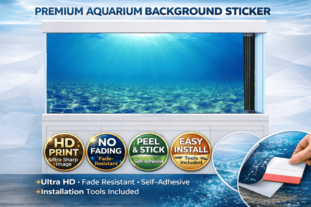 Clear blue ocean aquarium background decal with sunlight, underwater sand, and fish tank decor from Aquarium Backround Trung3D.