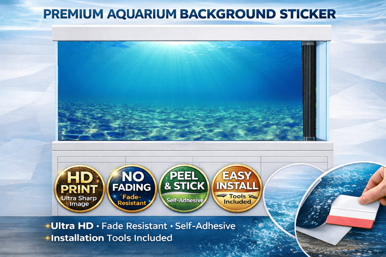 Clear blue ocean aquarium background decal with sunlight, underwater sand, and fish tank decor from Aquarium Backround Trung3D.