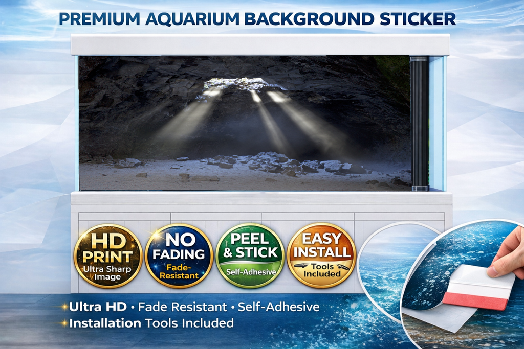 Mystic Cave Light Aquarium Background Sticker by Trung3D featuring sunbeam rock tunnel decal for fish tanks.