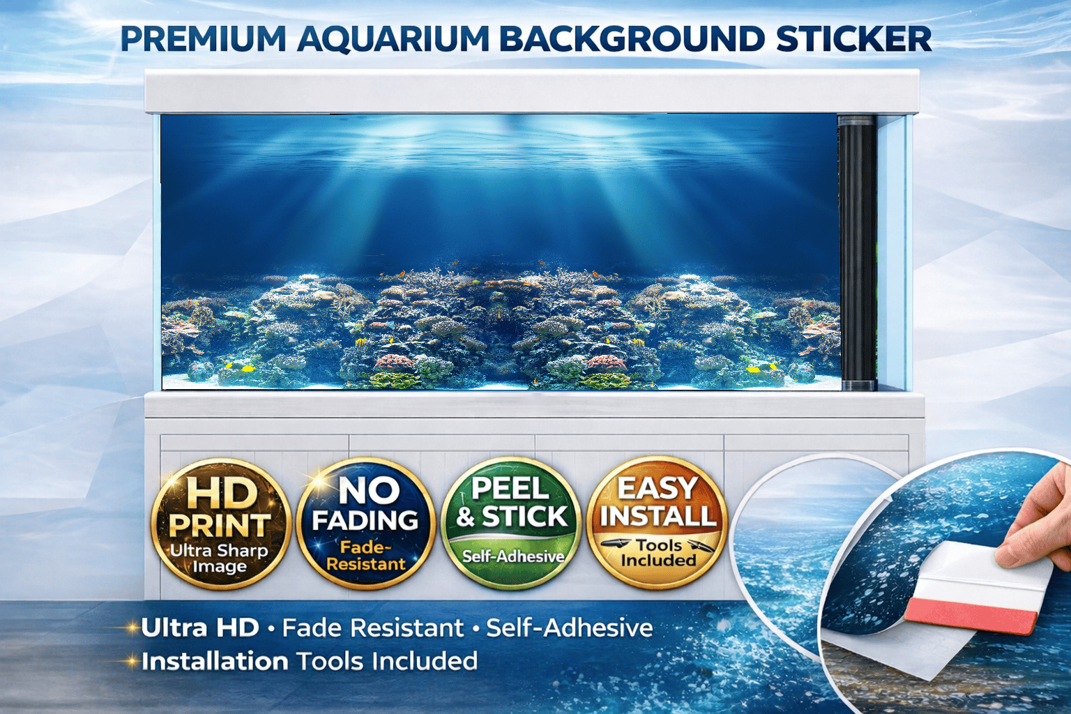 Deep coral reef aquarium background decal by Aquarium Backround Trung3D, tropical underwater fish tank backdrop wallpaper with vibrant coral and fish.