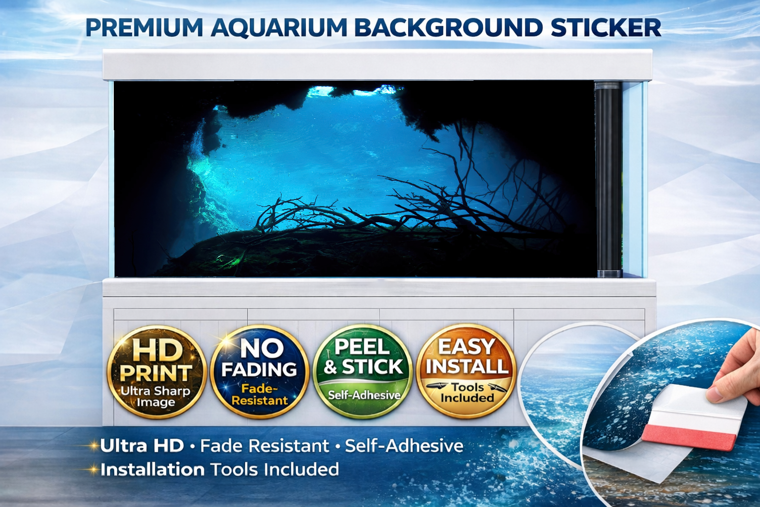 Deep blue cave aquarium background decal by Aquarium Backround Trung3D showing underwater root cavern for fish tanks