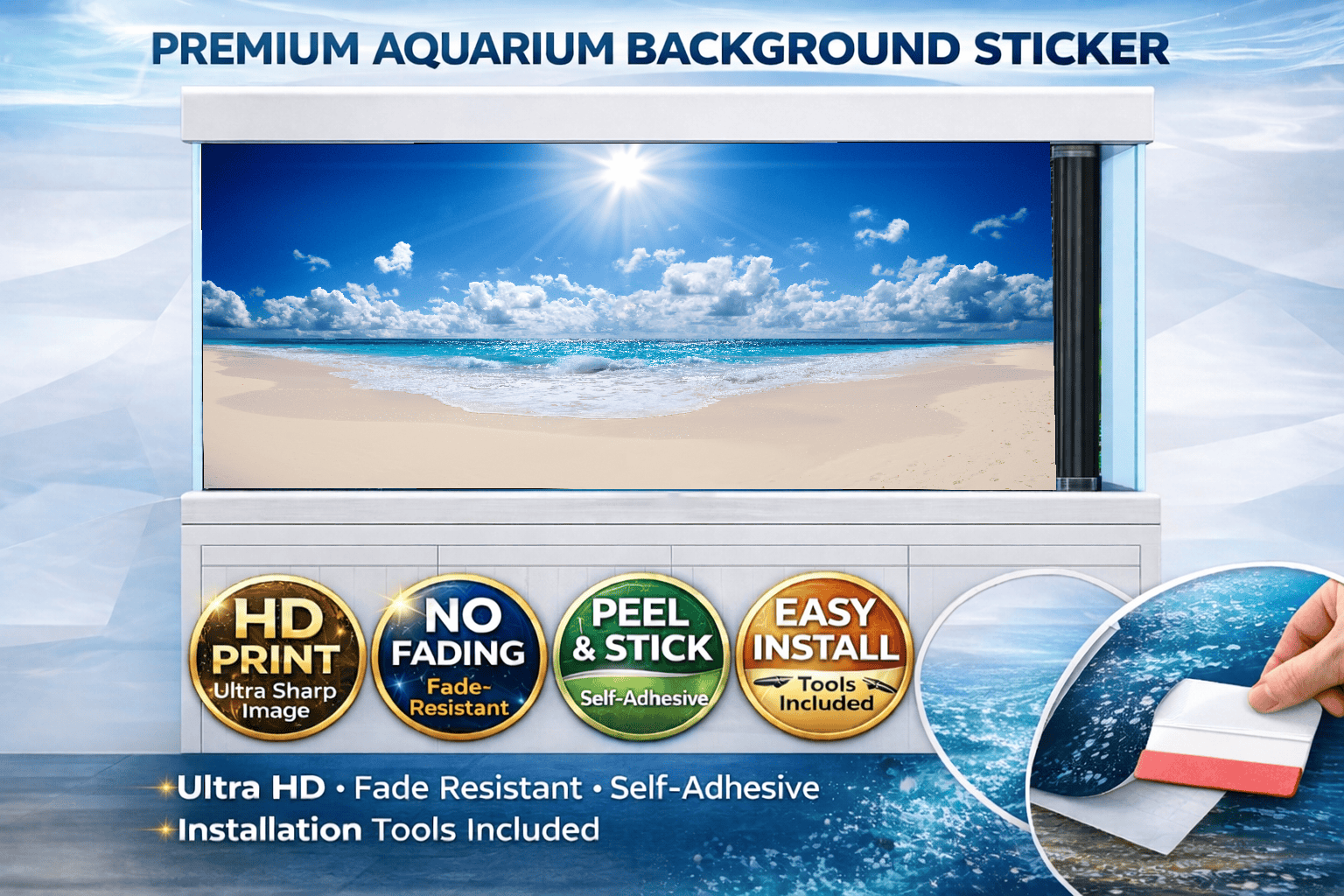 Sunny tropical beach aquarium background decal by Aquarium Backround Trung3D featuring ocean shoreline and colorful fish for fish tank decor.