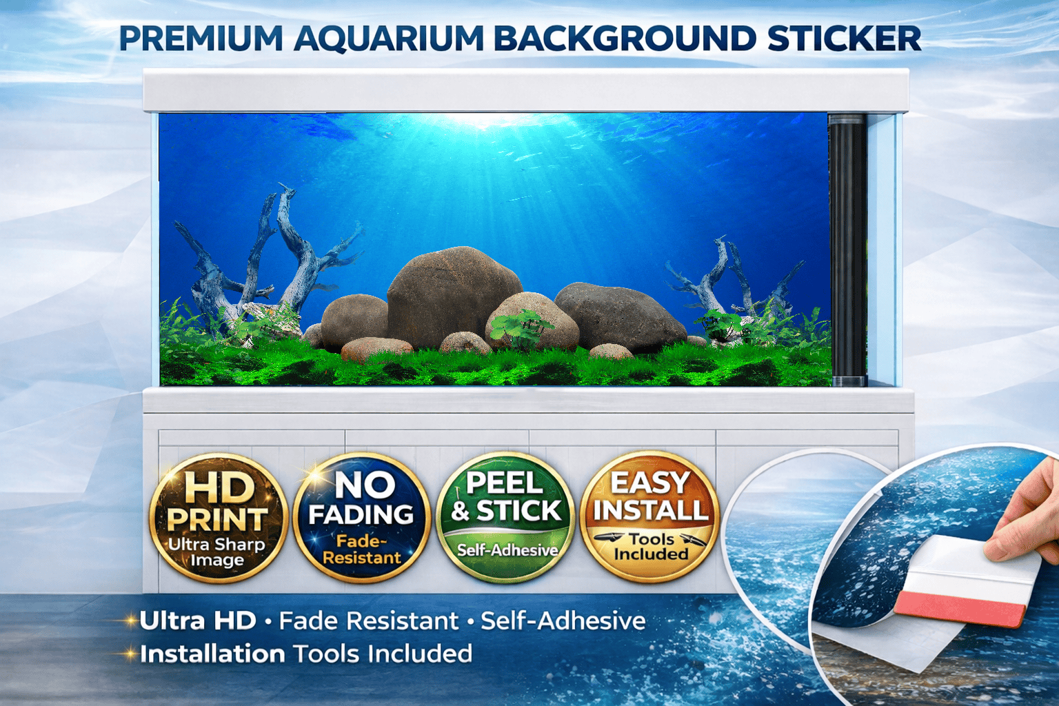Rock & Driftwood Aquarium Background Sticker – Aquascape Nature Fish Tank Backdrop Wallpaper Decor