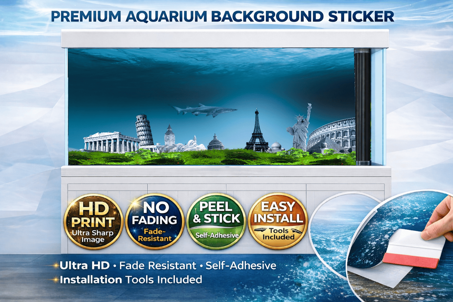 World Landmarks Aquarium Background Sticker – Underwater Cityscape Fish Tank Backdrop Wallpaper Decor