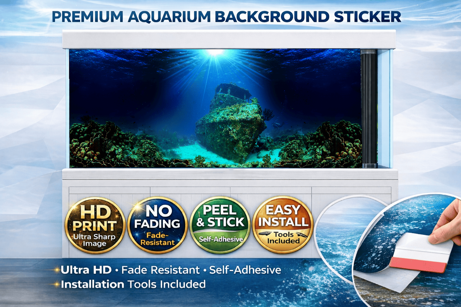 Sunken Shipwreck Aquarium Background Sticker – Deep Sea Coral Reef Fish Tank Backdrop Decor