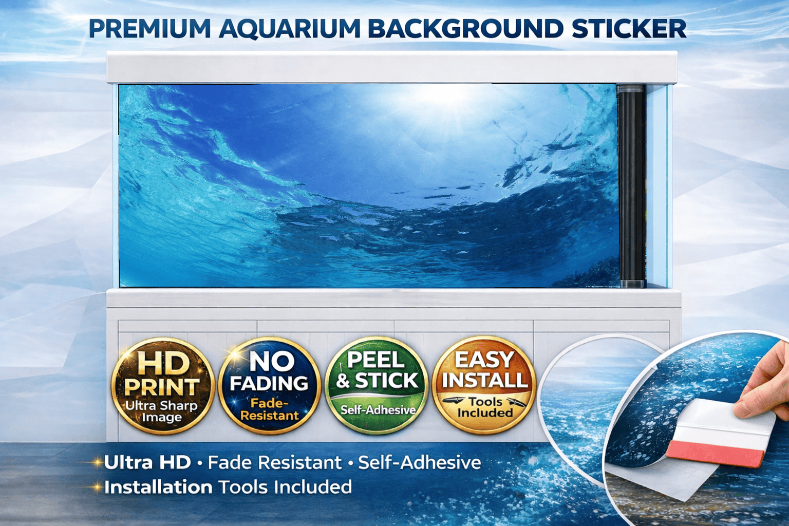Blue Ocean Surface Aquarium Background Sticker – Deep Water Fish Tank Backdrop Wallpaper Decor