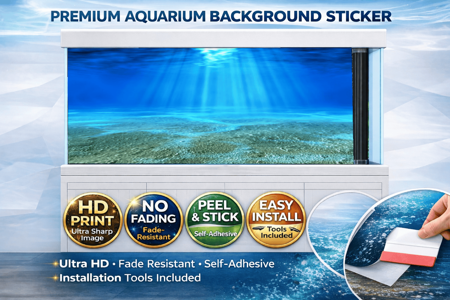 Sun Rays Underwater Aquarium Background Sticker – Clear Blue Ocean Fish Tank Backdrop Decor