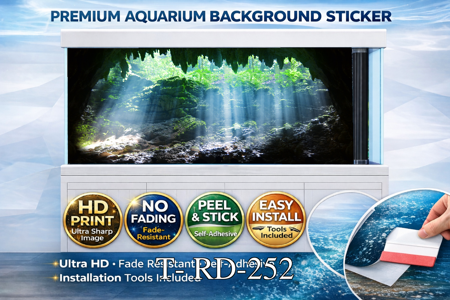 Tropical rock cavern aquarium background decal by Aquarium Background Trung3D, featuring sunlit forest cave scene for fish tanks.