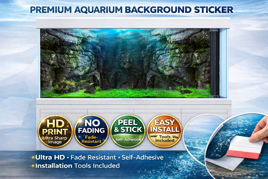 3D rock wall aquarium background decal by Aquarium Backround Trung3D, featuring a mystical stone canyon design for fish tanks.