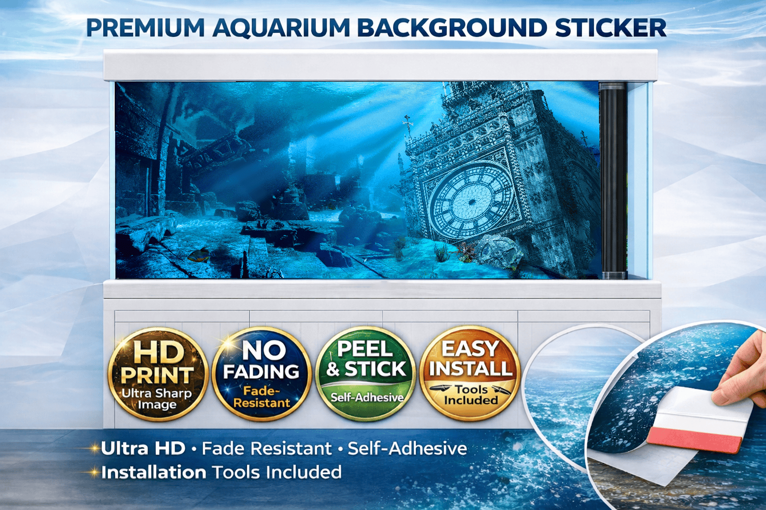 Sunken Big Ben Aquarium Background Sticker – Underwater Ruins Ocean Fish Tank Backdrop Decor