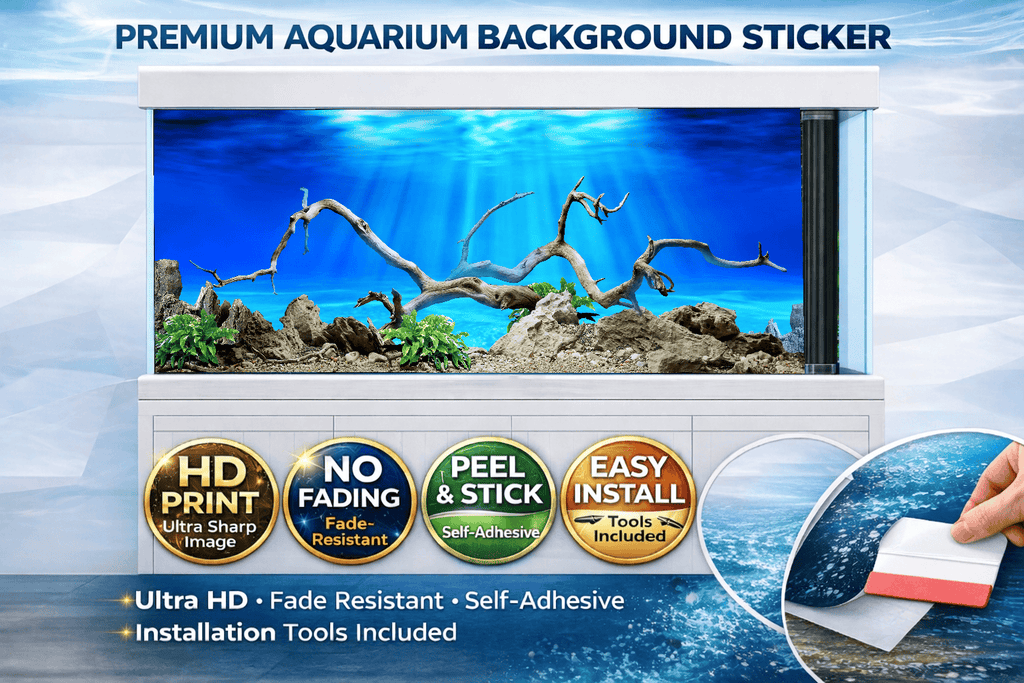 Driftwood Aquarium Background Sticker – Underwater Wood & Rock Aquascape Fish Tank Backdrop Decor