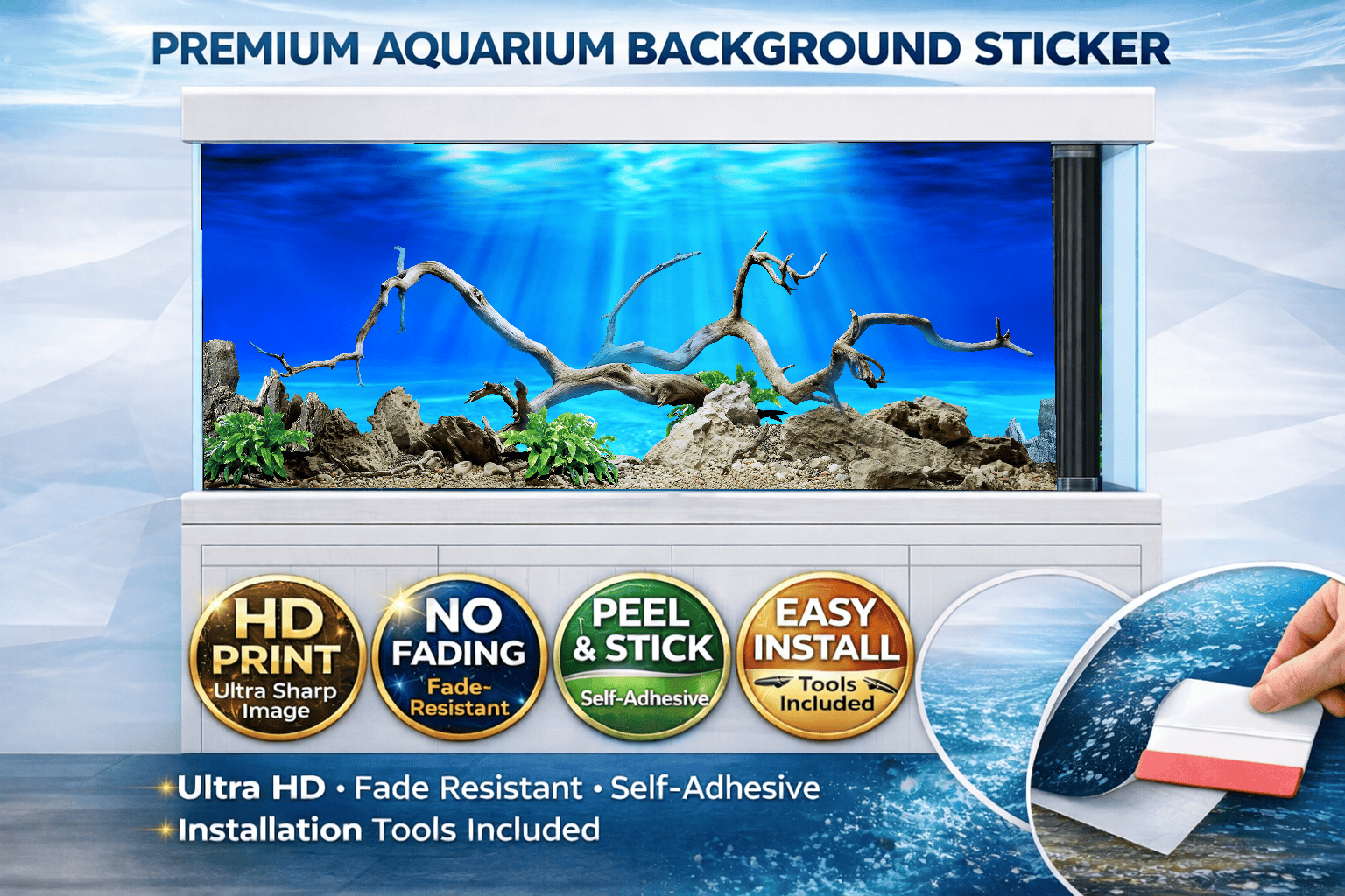 Driftwood Aquarium Background Sticker – Underwater Wood & Rock Aquascape Fish Tank Backdrop Decor