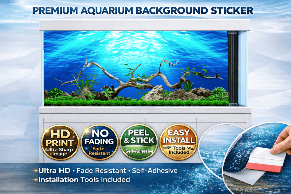 Aquascape Driftwood Aquarium Background Sticker – Blue Underwater Nature Fish Tank Backdrop with Rocks & Plants