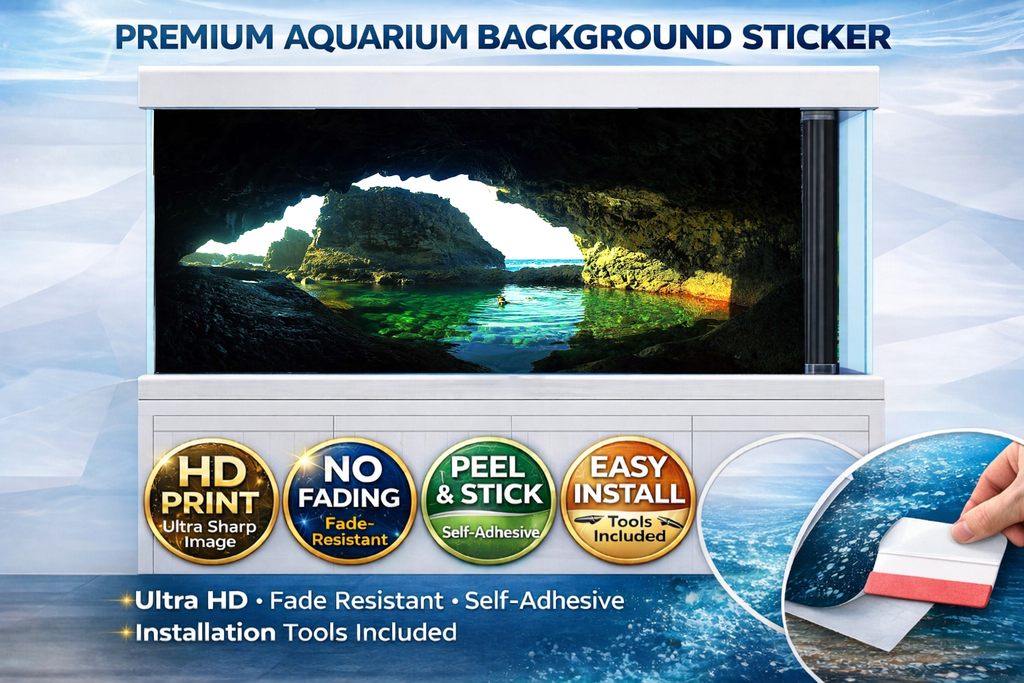 Hidden Emerald Lagoon aquarium background decal by Trung3D featuring vibrant 3D fish tank backdrop with aquatic plants and shimmering water effects.