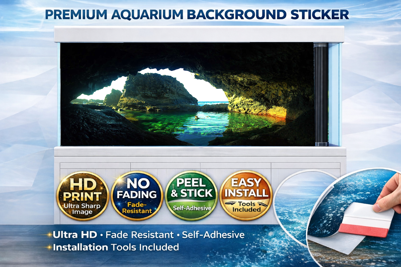 Hidden Emerald Lagoon aquarium background decal by Trung3D featuring vibrant 3D fish tank backdrop with aquatic plants and shimmering water effects.