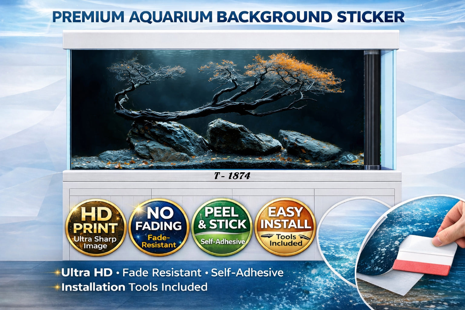 3D Bonsai Aquascape Aquarium Background – Minimal Rock & Tree Fish Tank Sticker - Aquarium Backround Trung3D