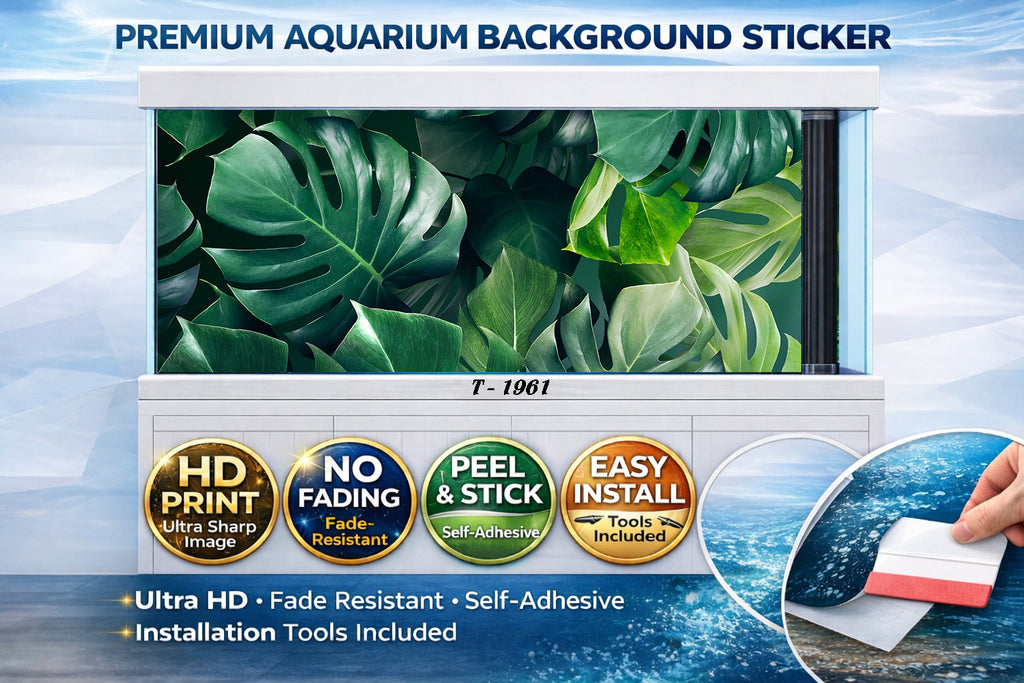 Ultra HD 3D Tropical Aquarium Background – Lush Green Monstera Leaves Fish Tank Sticker - Aquarium Backround Trung3D