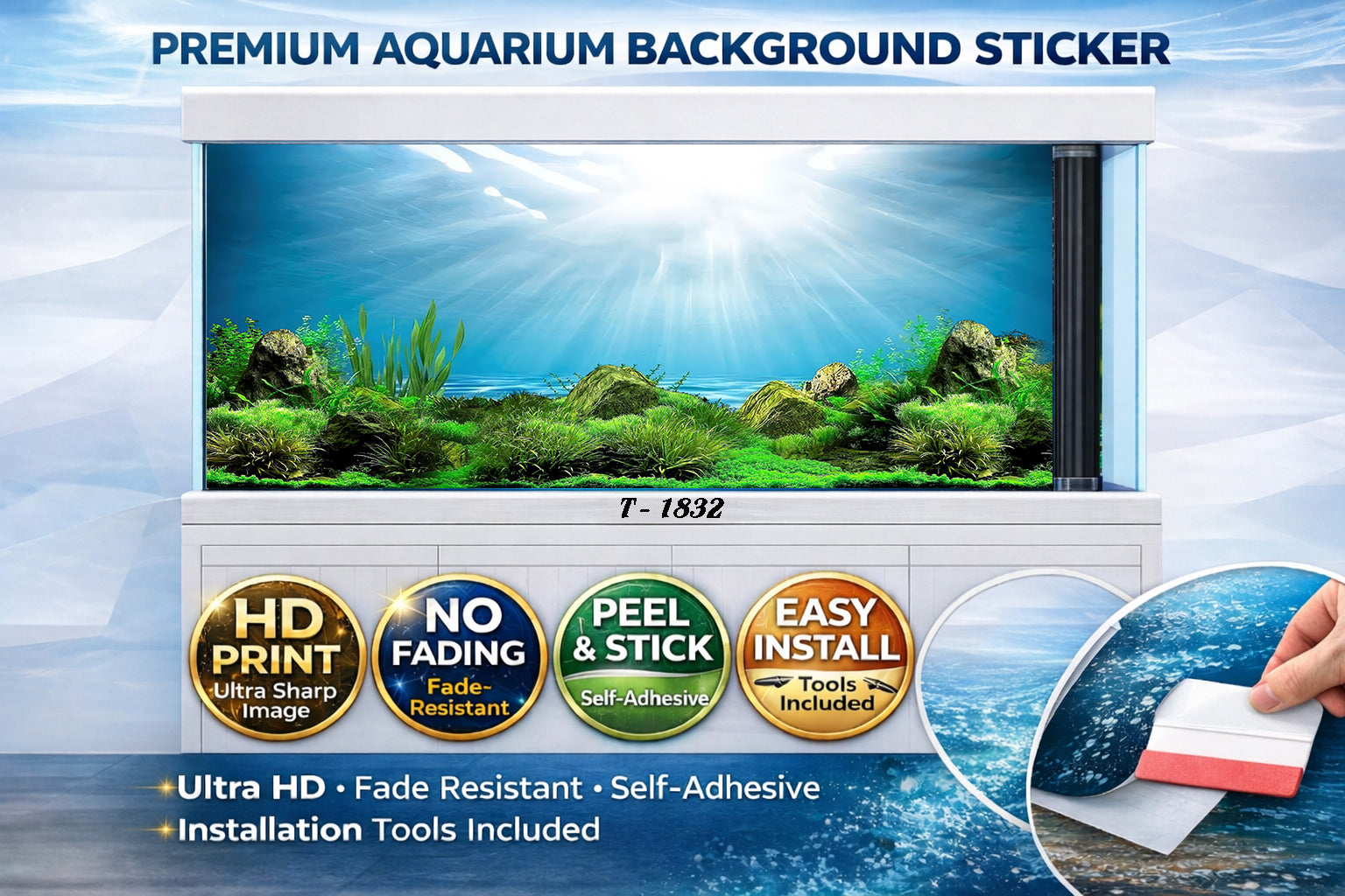 Premium Open Water Aquarium Background Sticker – Ultra HD 3D Sunlight Blue Fish Tank Backdrop - Aquarium Backround Trung3D